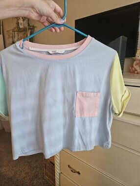 Pastel Colorblock Pocket Cropped Tee - Light Blue, Pink & Yellow
